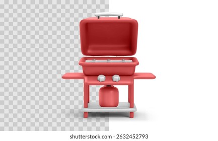 Barbecue Grill Icon With Red Lid And Gas Tank, Perfect For Outdoor Cooking, Picnic, Summer Party, And Food-Related Design Projects. Smooth 3D Illustration. Vector Illustration.