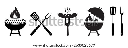 Barbecue grill icon set. BBQ, fire, grill fork, spatula, sausage, picnic tools in black silhouette vector illustration