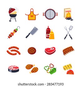 Barbecue and grill icon set with beef and fish steak and kitchen tools isolated vector illustration