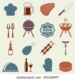 Barbecue grill icon set isolated on white background. BBQ symbols. Colorful vector illustration.