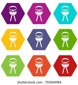 Barbecue grill icon set many color hexahedron isolated on white vector illustration