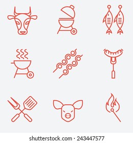 Barbecue and grill icon set, thin line style, flat design