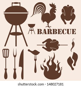 Barbecue grill icon set. Vintage style vector. Isolated barbecue grill on brown background 