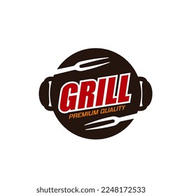 Barbecue grill icon of steak bar and charcoal BBQ restaurant, vector emblem. BBQ symbol of forks on hot pan plate for hot dog sausage fast food bar or meat steak restaurant and barbecue street food