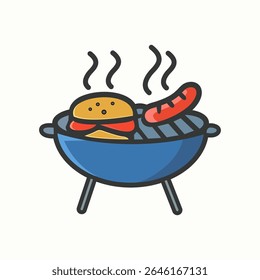 Barbecue grill icon with steaming hotdog and hamburger, flat cartoon vector for July Fourth cookout party, USA holiday meal