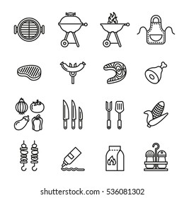 conjunto de iconos de la parrilla barbacoa. Vector de material de estilo de línea.