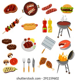 Barbecue and grill icons set with meat and fish steak and tools isolated vector illustration