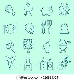 Barbecue and grill icons, thin line design