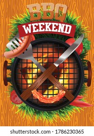 Barbecue grill isolated on wooden background. BBQ party poster. Summertime. Meat restaurant at home. Charcoal kettle with knife, green grass, foods. Kitchen equipment for menu. Cooking outdoors.
