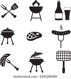 Barbecue grill and kitchen icon set in black silhouette style for cooking and restaurant design