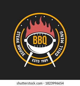 Barbecue and grill label, badge, logo and emblem. Vector illustrations. Steak house. Steak house restaurant menu design elements flyer or poster on black backdrop.
