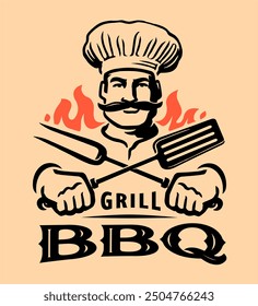 Barbecue grill label, badge for restaurant menu. Bbq food logo, emblem vector illustration