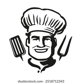 Barbecue grill label, badge for restaurant menu. Chef cook, bbq food logo, emblem vector illustration