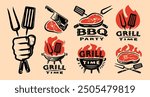 Barbecue grill labels, badges and design elements for restaurant menu. Bbq emblem set vector illustration