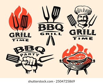 Barbecue grill labels, badges and design elements for restaurant menu. Bbq food emblem set vector illustration