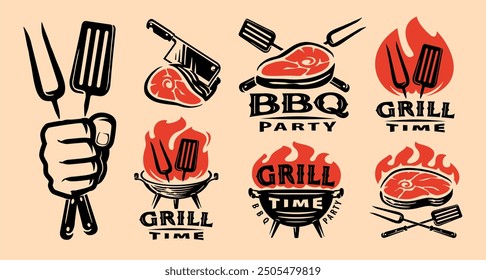 Barbecue grill labels, badges and design elements for restaurant menu. Bbq emblem set vector illustration