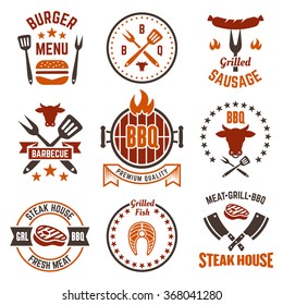 Barbecue and grill labels, badges, logos and emblems, set of vector templates isolated on white background. Steak house restaurant menu design elements  