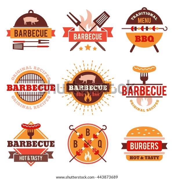 Barbecue, grill labels, badges, logos, emblems, signs, set of vector