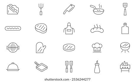 Conjunto de iconos de línea de barbacoa y parrilla. Barbacoa, picnic, camping, carne, filete, comida, al aire libre, senderismo, salchichas, carne de res, gas, parrilla, línea de alimentos conjunto de iconos. Paquete de iconos de línea delgada de interfaz de usuario.