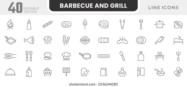 Conjunto de iconos de línea de barbacoa y parrilla. Barbacoa, picnic, camping, carne, filete, comida, al aire libre, senderismo, salchichas, carne de res, gas, parrilla, línea de alimentos conjunto de iconos. Paquete de iconos de línea delgada de interfaz de usuario.