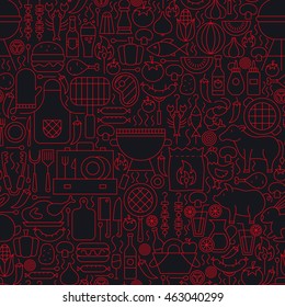 Barbecue Grill Line Seamless Pattern. Vector Illustration of Outline Tile Background. BBQ Party.