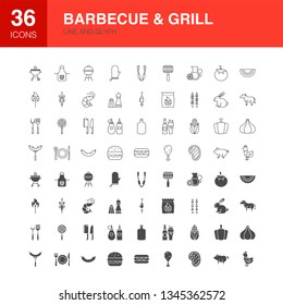 Barbecue Grill Line Web Glyph Icons. Vector Illustration of Food Outline and Solid Symbols. 