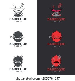 Barbecue grill logo. Logo of Barbecue, Grill and Bar with fire, grill fork and spatula. BBQ logo template.