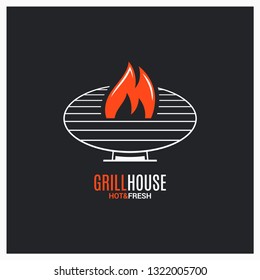 Barbecue grill logo. BBQ with fire sign on black background