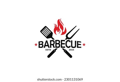 Logo de parrillada barbacoa con logotipo bbq y concepto de fuego en combinación con espátula