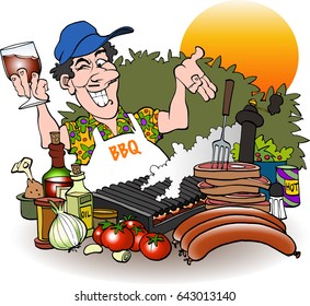 Barbecue grill master inviting cartoon drawing 