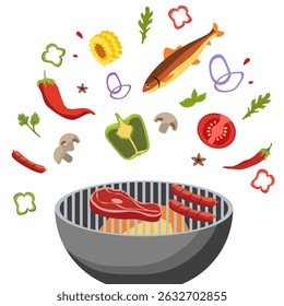 Barbecue grill with meal and different food flying around. In cartoon style on white background. Suitable for summer cooking designs and food content.