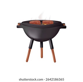 Barbecue grill with meat 3D icon isolated on a white background. Round grilled grid. Empty oven. Barbecue and Grilling Essentials Illustration. Outdoor cooking