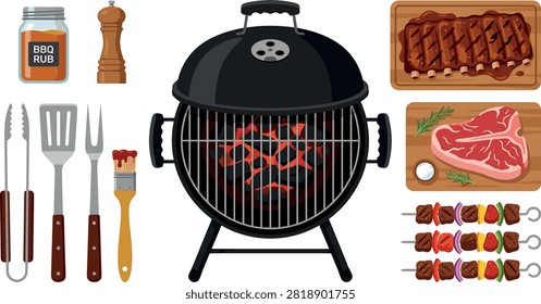 Barbecue Grill and Meat Cooking Icon Set with Kettle Charcoal Grill T-Bone Steak Ribs Kebabs Spatula Tongs and Rub Vector Illustrations.eps