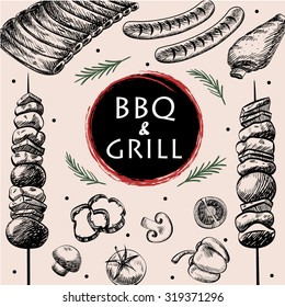  barbecue grill meat food and drink menu restaurant  have  barbecue sausage rib grilled and vegetable drawing design template web,vector illustration