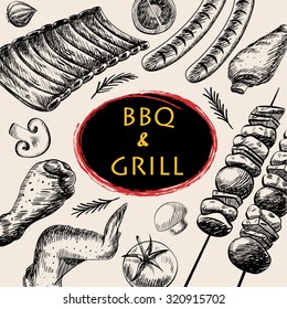  barbecue grill meat food and drink menu restaurant  have  barbecue sausage rib grilled and vegetable drawing design template web,vector illustration