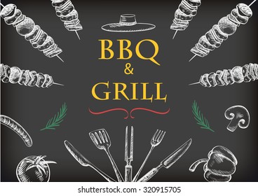  barbecue grill meat food and drink menu restaurant  have  barbecue sausage rib grilled and vegetable drawing design template web,vector illustration