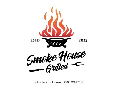 Diseño del logotipo de carne asada en barbacoa. Logo en blanco y negro que representa una parrilla y una llama; perfecto para un restaurante, un negocio de barbacoa, una empresa de accesorios de parrilladas