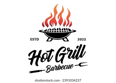 Barbecue Grill Meat Logo design .A black and white logo depicting a grill and a flame; perfect for a restaurant, barbeque business, grill accessories company