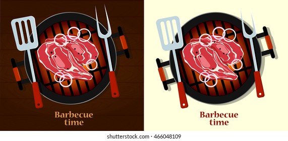 Barbecue grill with meat and tools. Template design card. Logo, vector illustration. Flat design