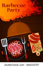 Barbecue grill with meat and tools. Template design horizontal web banner and card. Vector illustration