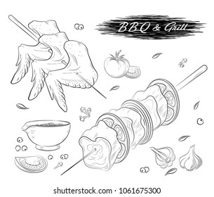Barbecue Grill meat with vegetables, sauce and spice. Isolated on a white vintage isolated sketch hand drawn. Vector illustration