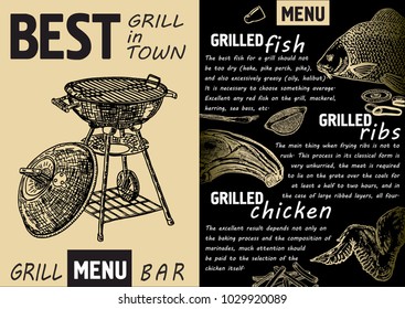 Barbecue grill menu. Grilled fish, grilled ribs, grilled chicken.