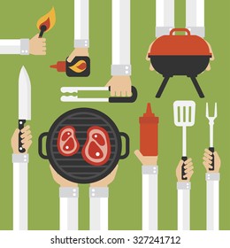 Barbecue and grill modern vector design  flat ,with hands