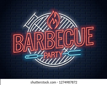 Barbecue grill neon logo. BBQ neon sign on wall vector background