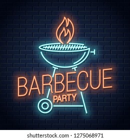 Barbecue grill neon logo. BBQ with flame neon sign on black background