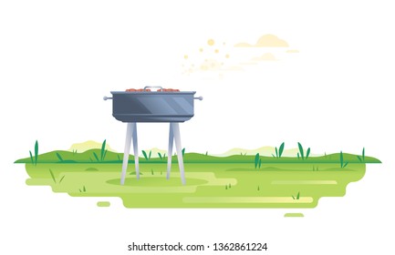 Barbecue grill on green glass with delicious aromas in the fresh air, picnic in nature isolated illustration in flat style