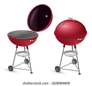 Grill offen und geschlossen realistisches Set. BBQ-Holzkohle-Gerät, Kochtöpfchen. Kochtöpfe aus Metall, Außenwerkzeug. Vektorgrafik für die Vorlagensammlung einzeln auf weißem Hintergrund.