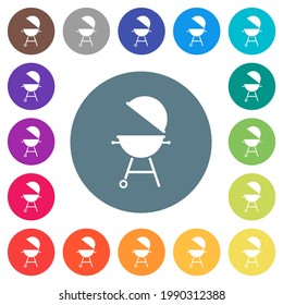 Barbecue grill with open cover flat white icons on round color backgrounds. 17 background color variations are included.