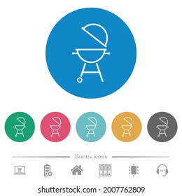 Barbecue grill with open cover flat white icons on round color backgrounds. 6 bonus icons included.
