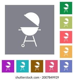 Barbecue grill with open cover flat icons on simple color square backgrounds